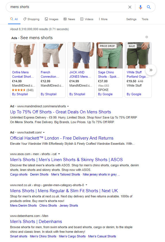 search engine results of mens shorts