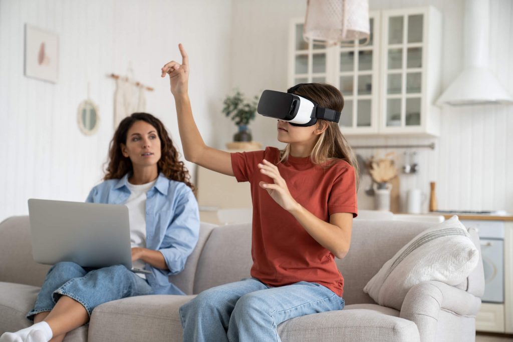 teenage girl uses VR headset to visit metaverse