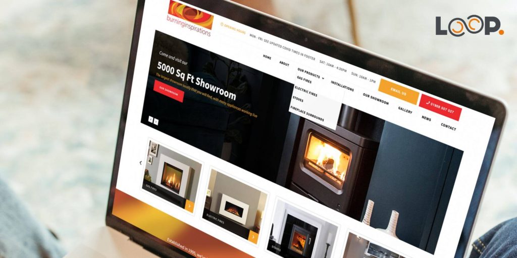 a person browsing a fireplace company exploring the navigation menu