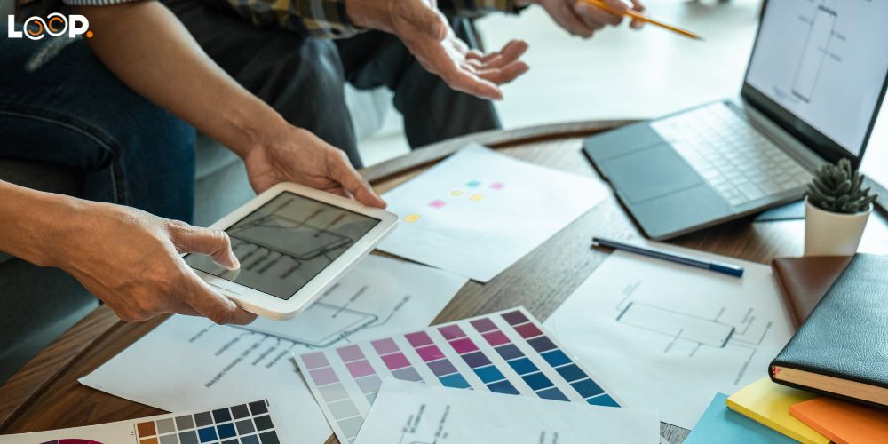 People designing a wireframe website with colours and looking at a tablet