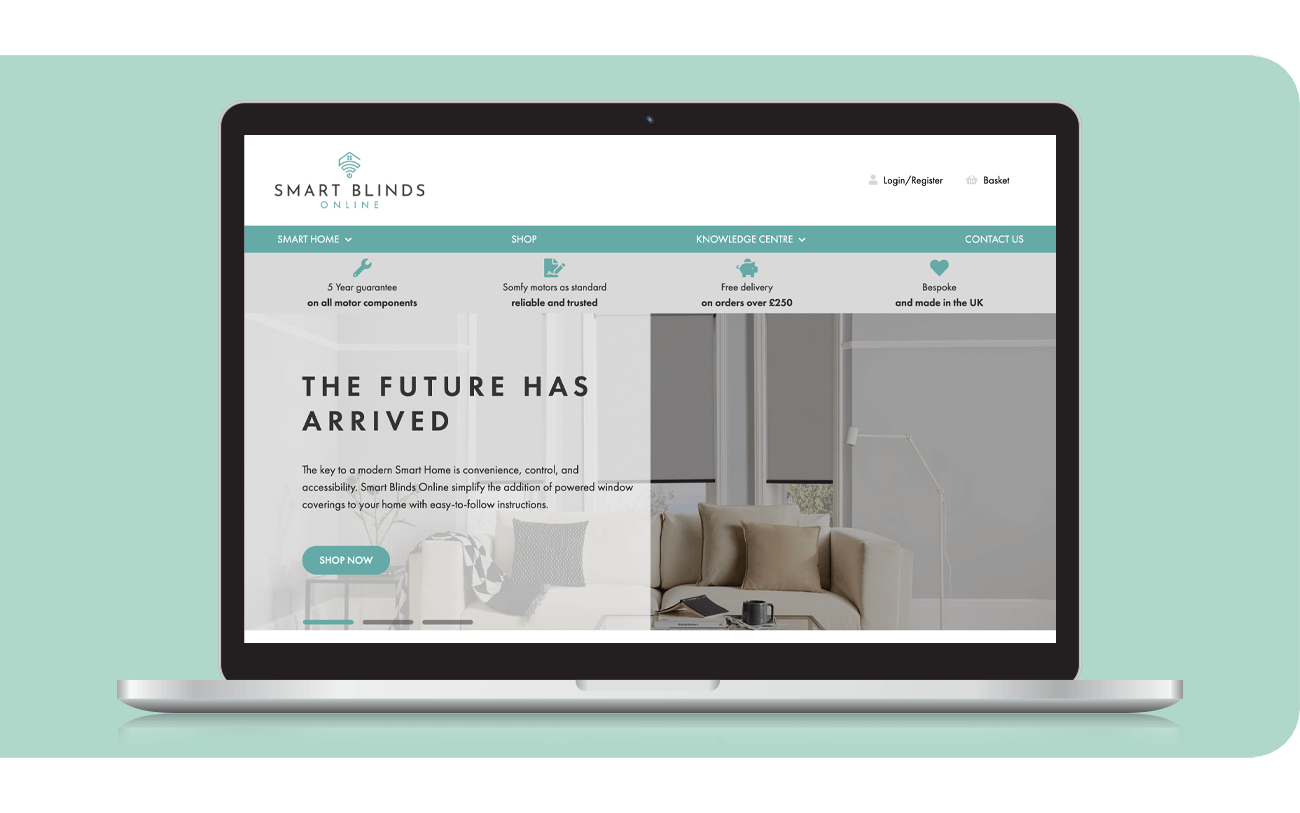 Smart Blinds Online Website - Homepage on a laptop screen
