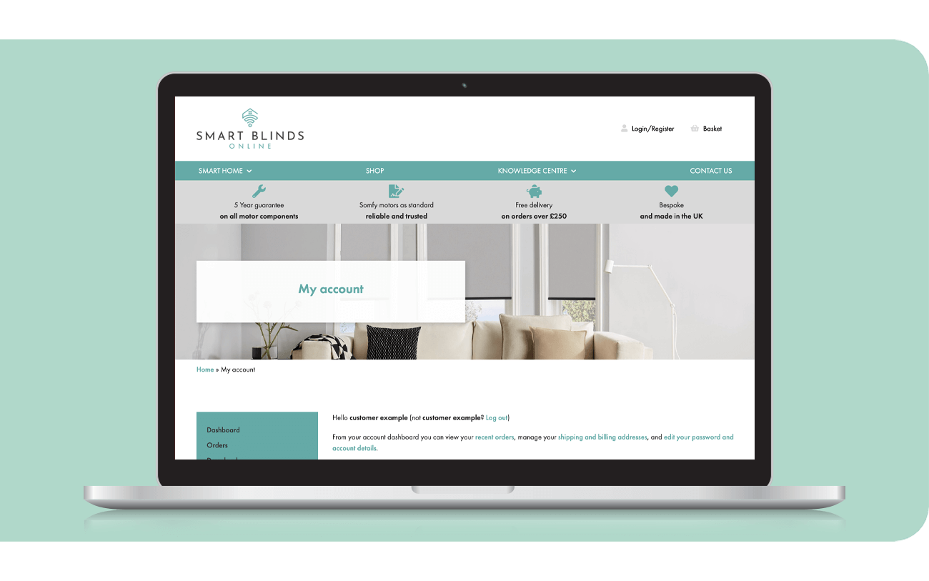 Smart Blinds Online Website - Account section on a laptop screen