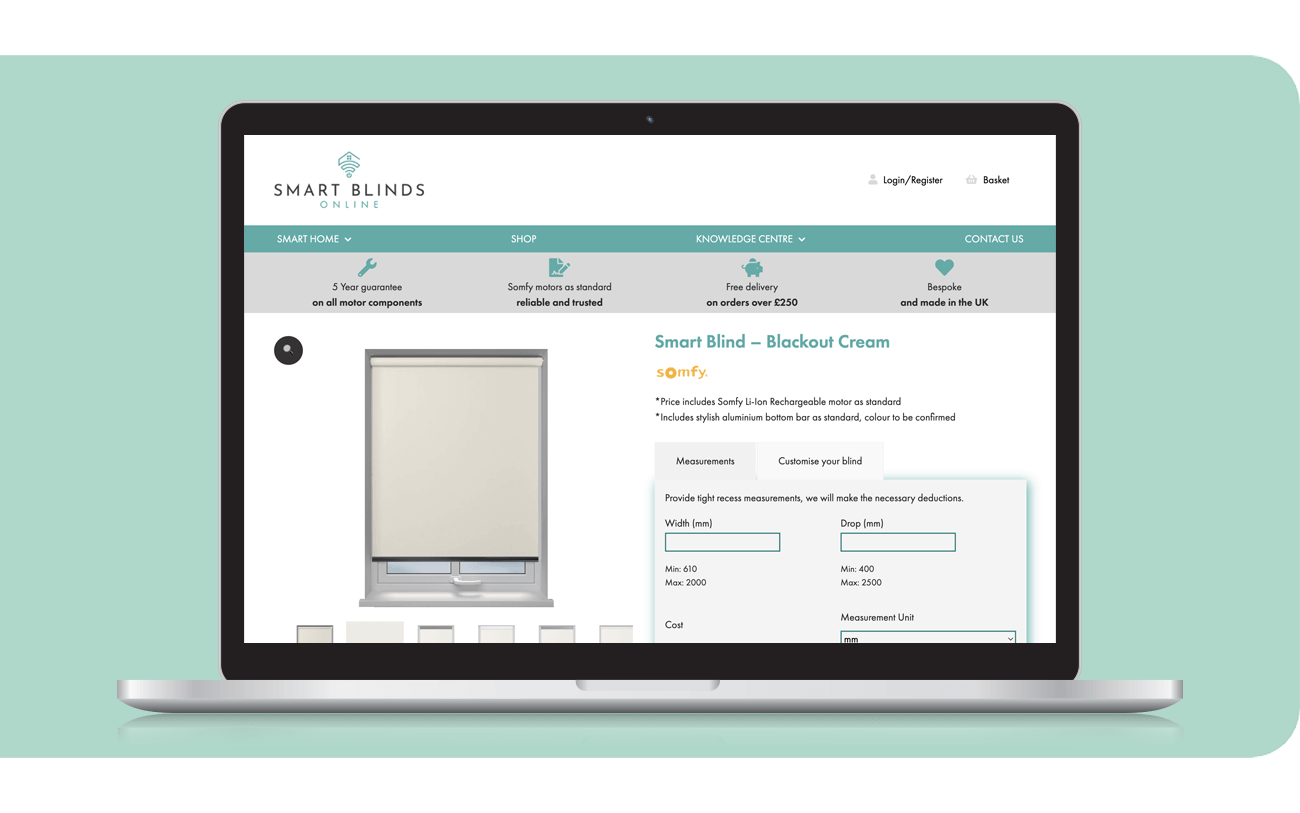 Smart Blinds Online Website - Product page on a laptop screen