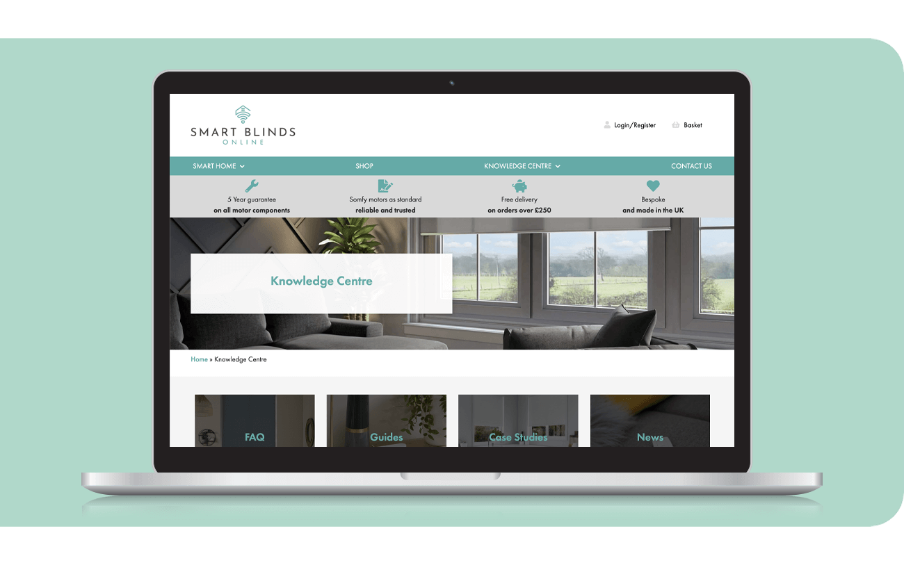 Smart Blinds Online Website - Knowledge Centre page on a laptop screen