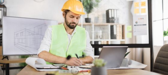 Young builder with laptop