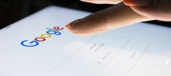 A woman searching on Google search engine