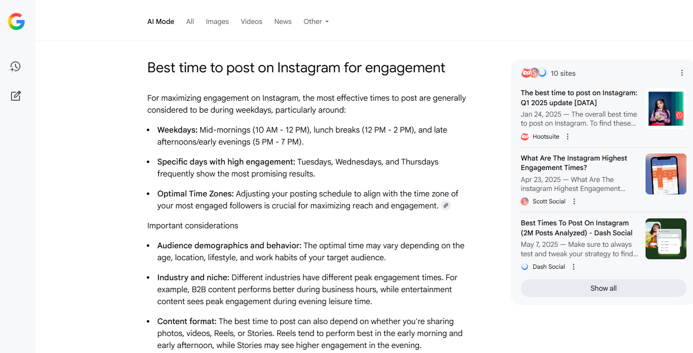 Instagram best posting times Google result