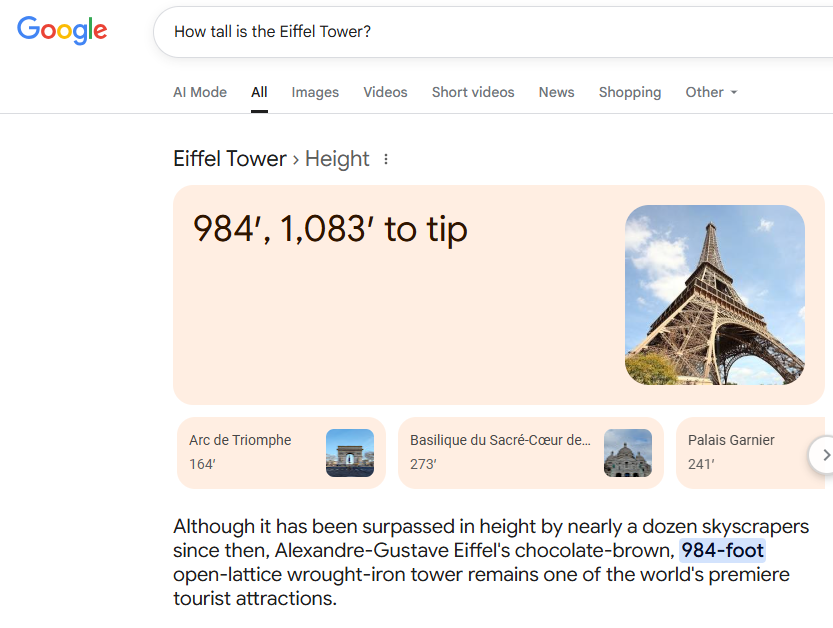 Eiffel Tower height in Google search