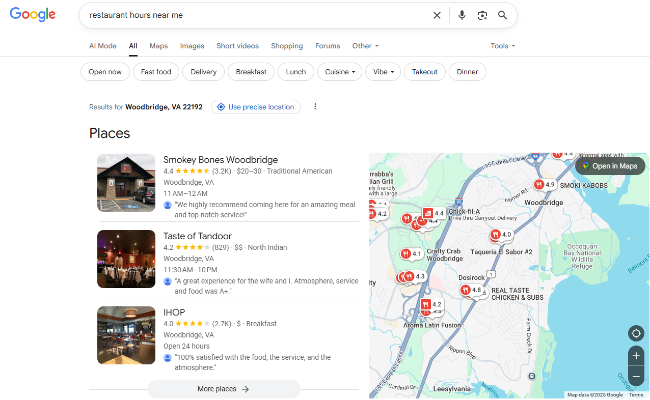 Nearby restaurant results in Google Maps