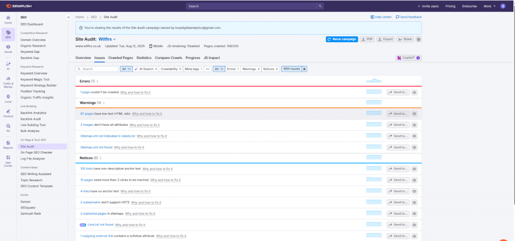 Determining the health of a site in Semrush (Source: Semrush)