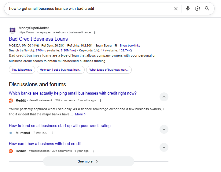 business finance query in Google search